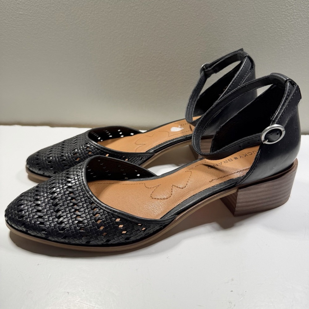 Lucky Brand Maliya Heeled Sandal 8.5 Black Woven Stacked Heel